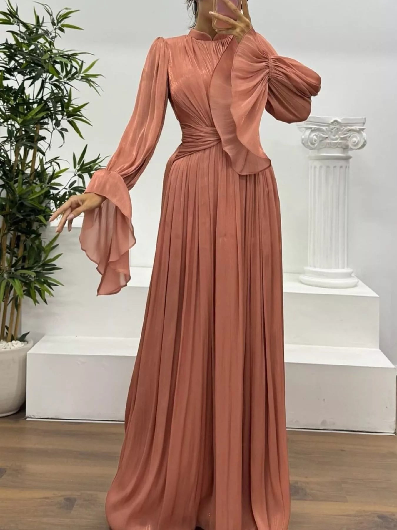 Pleated Mock Neck Long Sleeve Maxi Dress