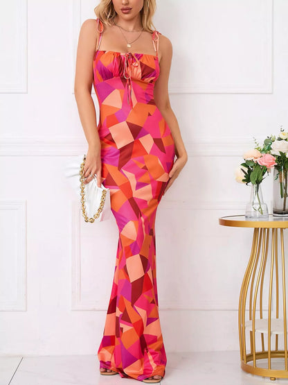 Floral Print Tie Strap Bodycon Maxi Dress