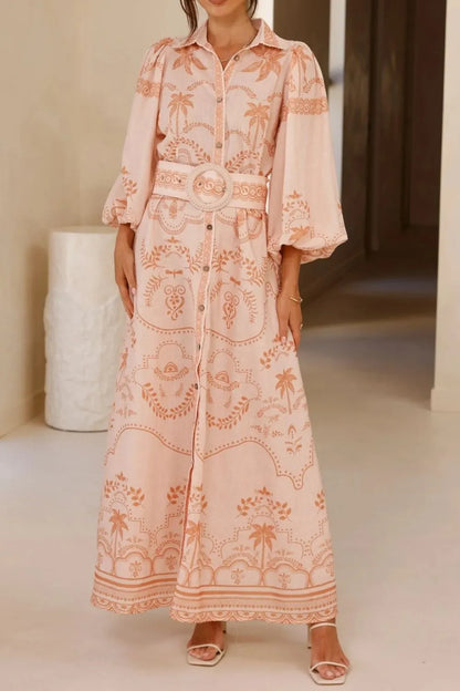 Printed Balloon Sleeve Maxi Shirt Dress