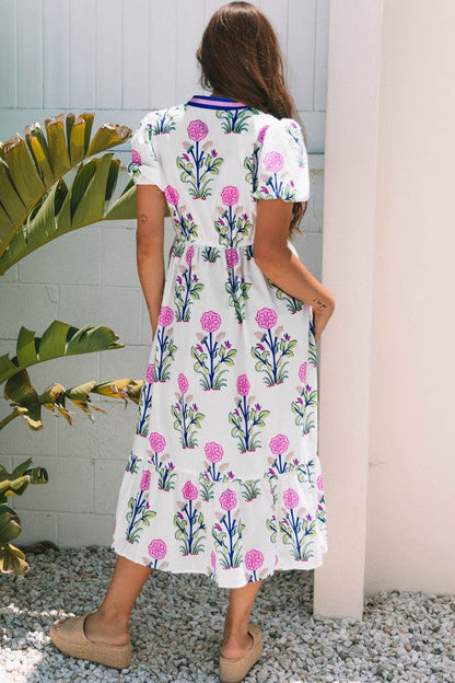 Julietta Floral Puff Short Sleeve V Neck High Waist Dress