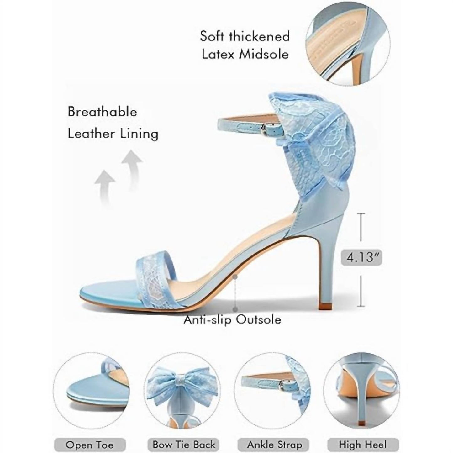 Women's Lace Bow 3.5" Heels Open Toe Ankle Strap Shoes