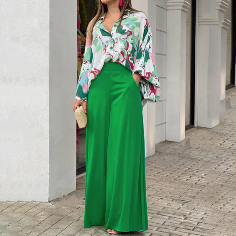 Women's Printed Shirt Wide Leg Pants Fashion Casual Set See size chart under “more details”