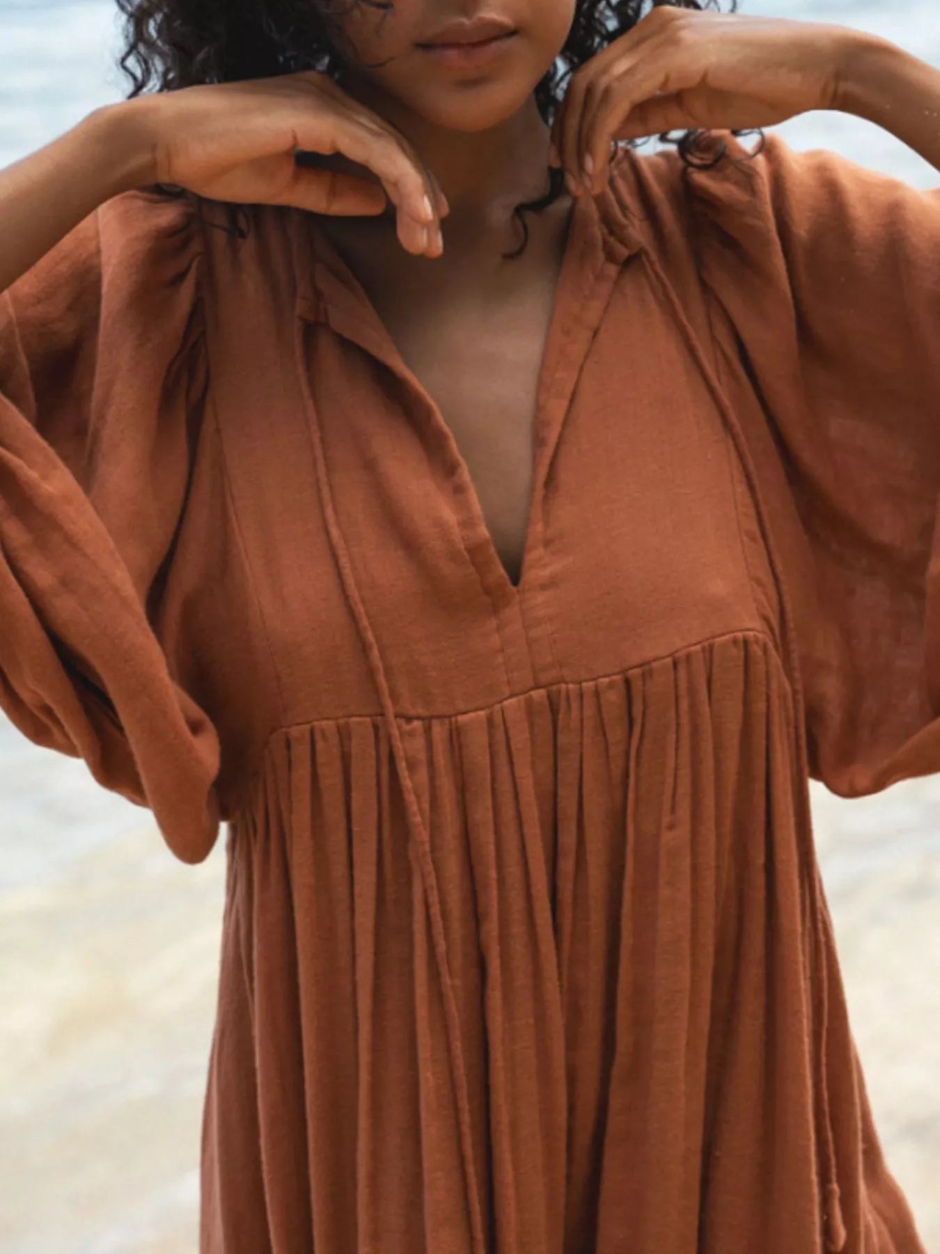 Tie Neck 3/4 Sleeve Midi Dress