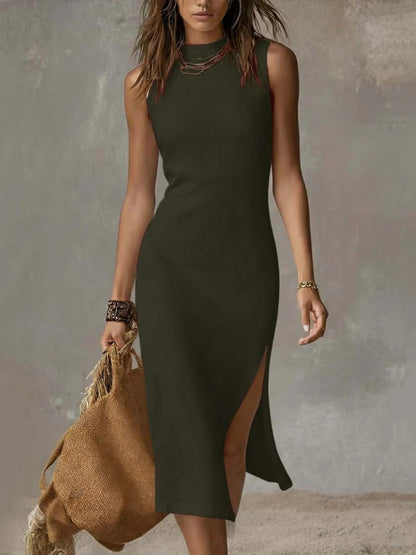 Full Size Sleeveless Mock Neck Slit Midi Dress Plus Size