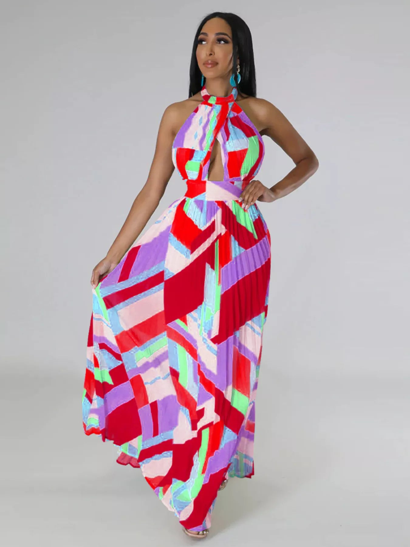 Halter Neck Geometric Print Pleated Maxi Dress