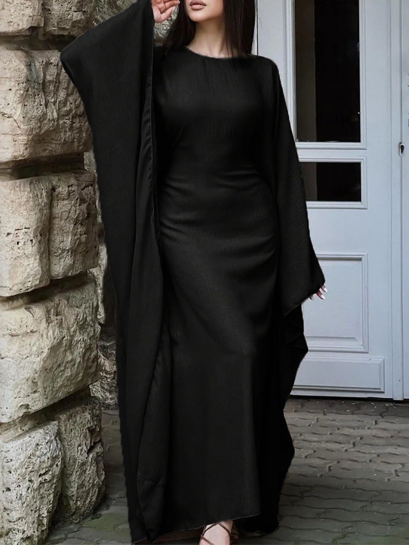 Round Neck Maxi Dress with Flowing Cape Sleeves