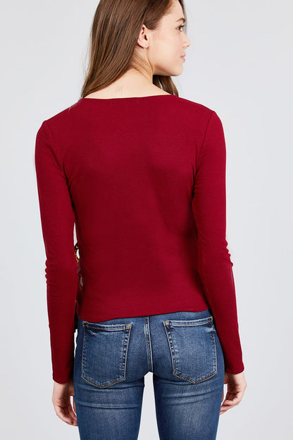 Burgundy Side Buckle Detail Rib Knit Top