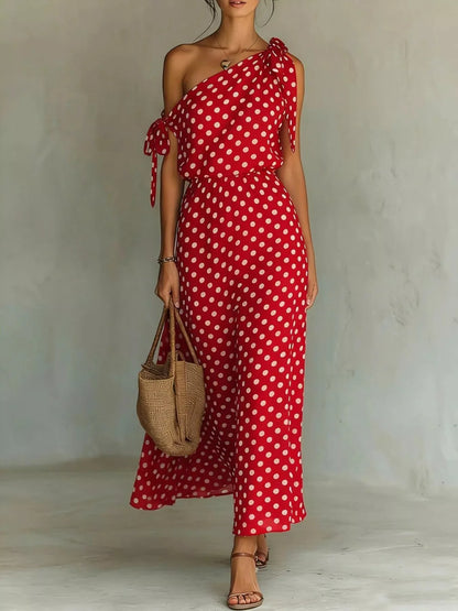 Full Size Polka Dot One-Shoulder Maxi Dress with Tie Details Plus Size