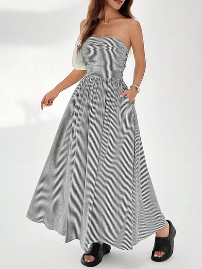 Striped Strapless Casual Maxi Dress