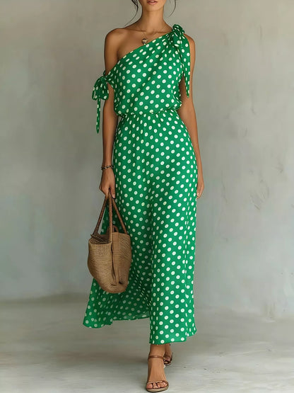 Full Size Polka Dot One-Shoulder Maxi Dress with Tie Details Plus Size