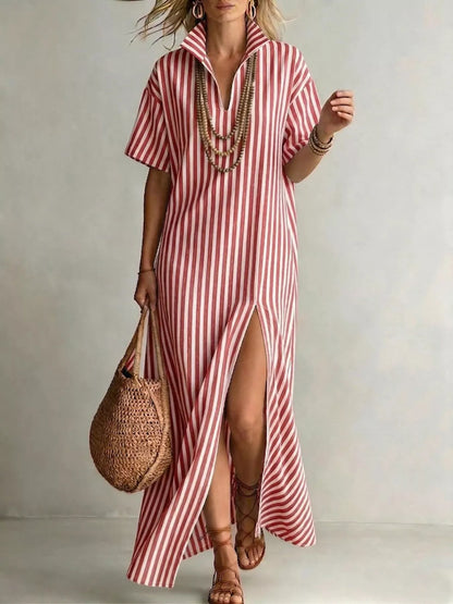 Striped High Slit Maxi Shirt Dress