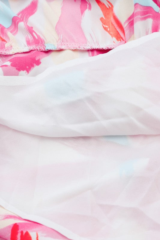 Abstract Brush Stroke Smocked Ruffle Tiered Dress
