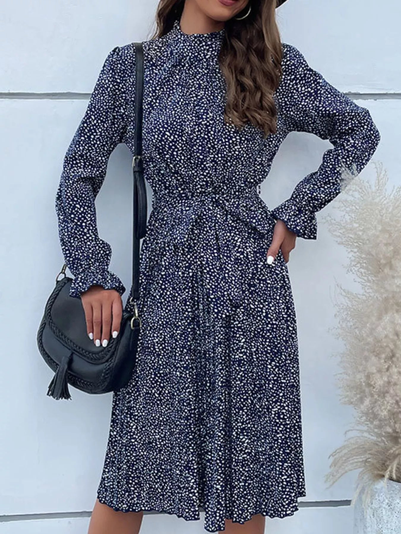 Animal Print Mock Neck Flounce Sleeve Dress