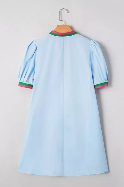 Puff Sleeve Mini Dress with Contrast Trim