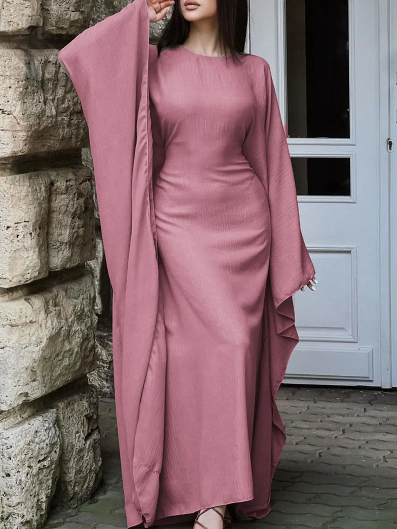 Round Neck Maxi Dress with Flowing Cape Sleeves