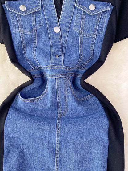 Full Size Denim Patchwork Short Sleeve Slit Back Dress Plus Size