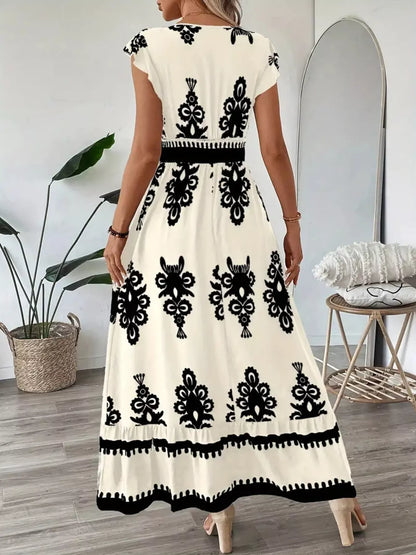 Printed V-Neck Ruffled Cap Sleeve Dress