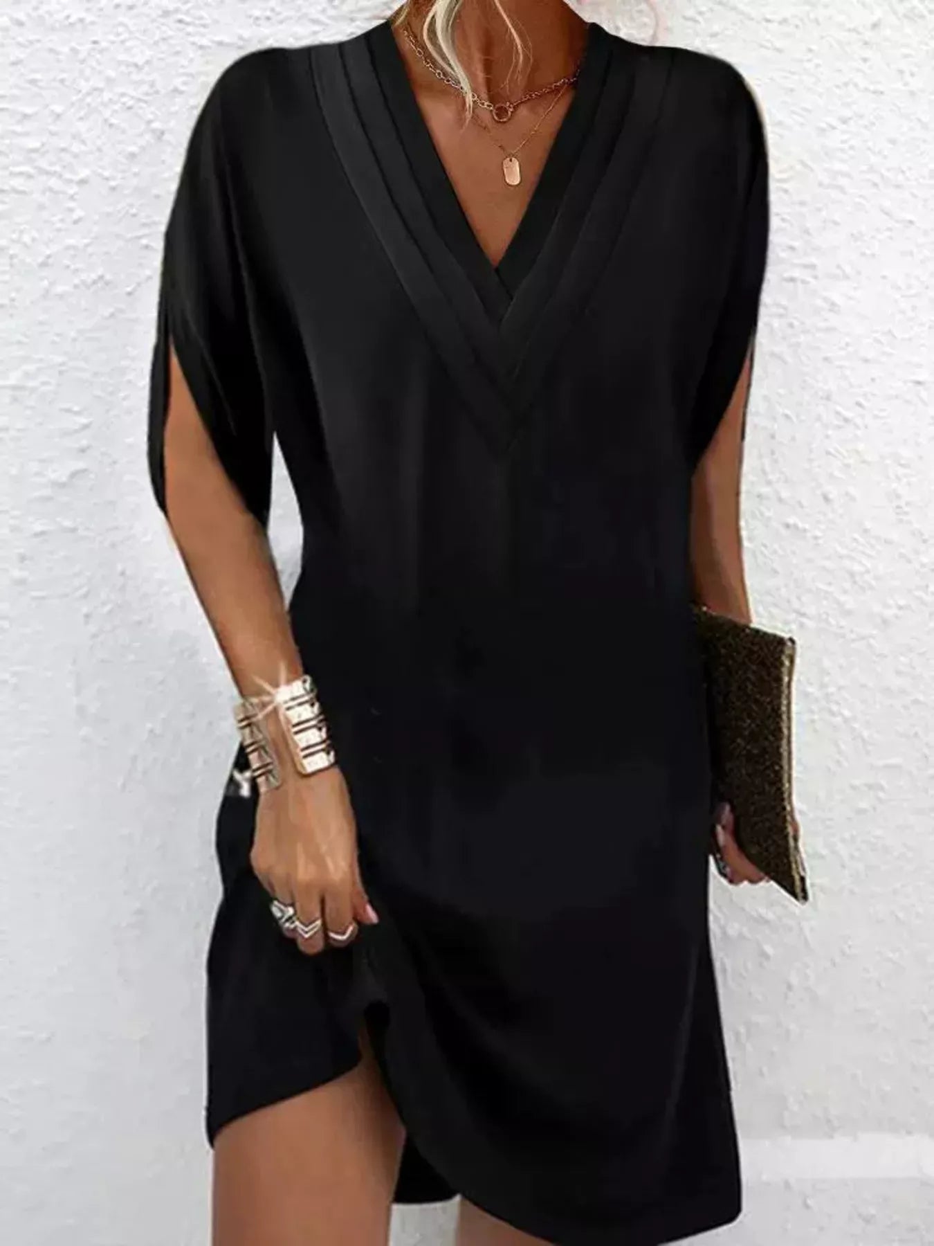 V-Neck Slit Sleeve Mini Dress