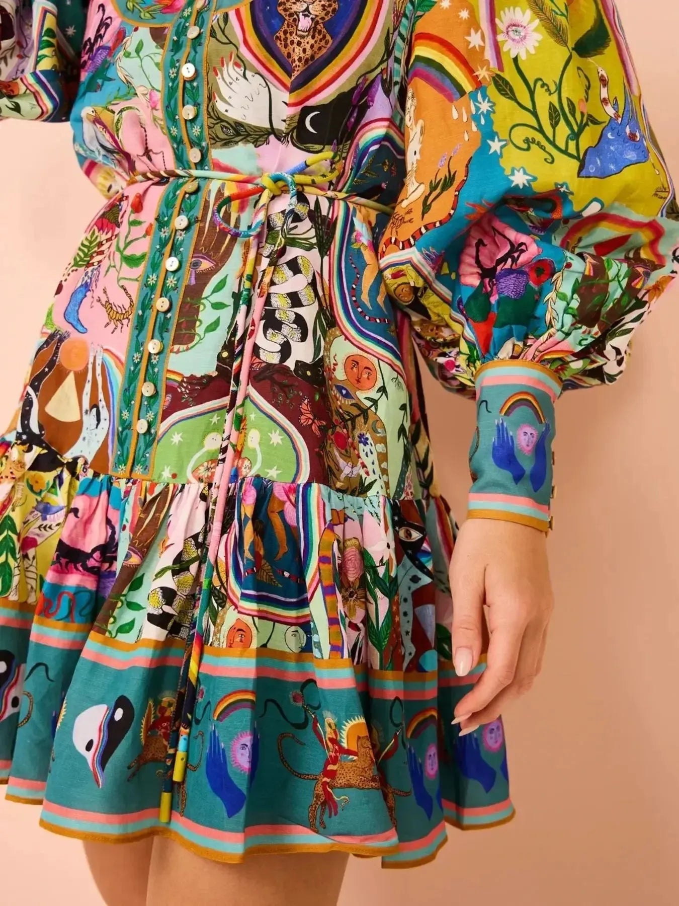 Printed Long Sleeve Mini Dress with Belt