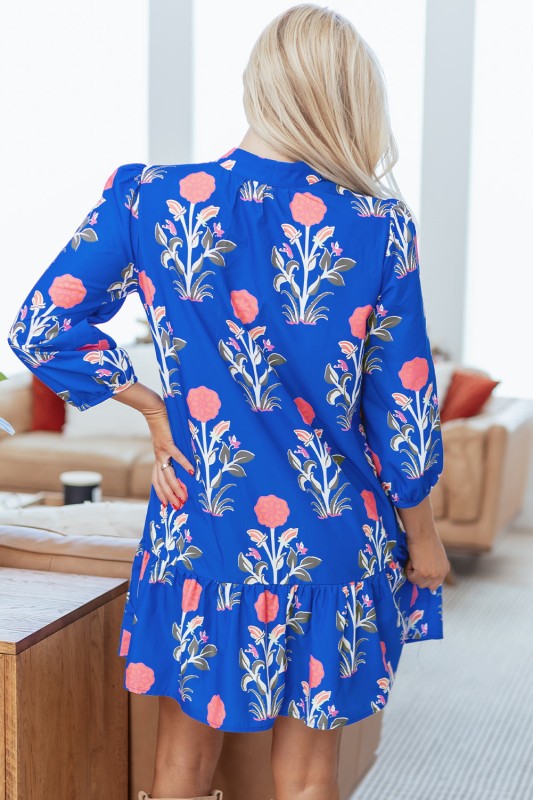 Floral 3/4 Puff Sleeve Ruffle Hem Dress