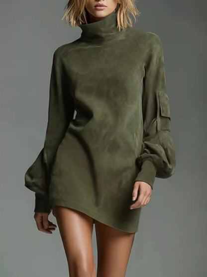 Suede Turtleneck Lantern Sleeve Mini Dress