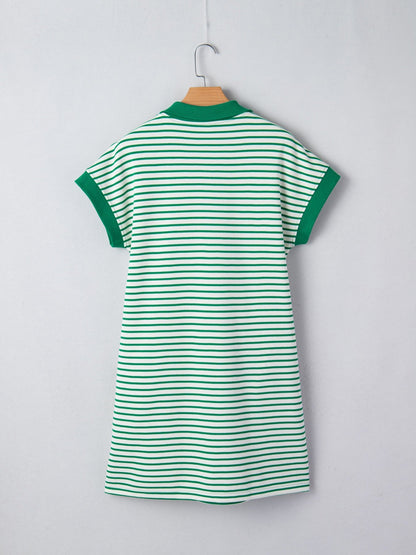 Stripe Quarter Zip Polo Collar T Shirt Dress with Pockets