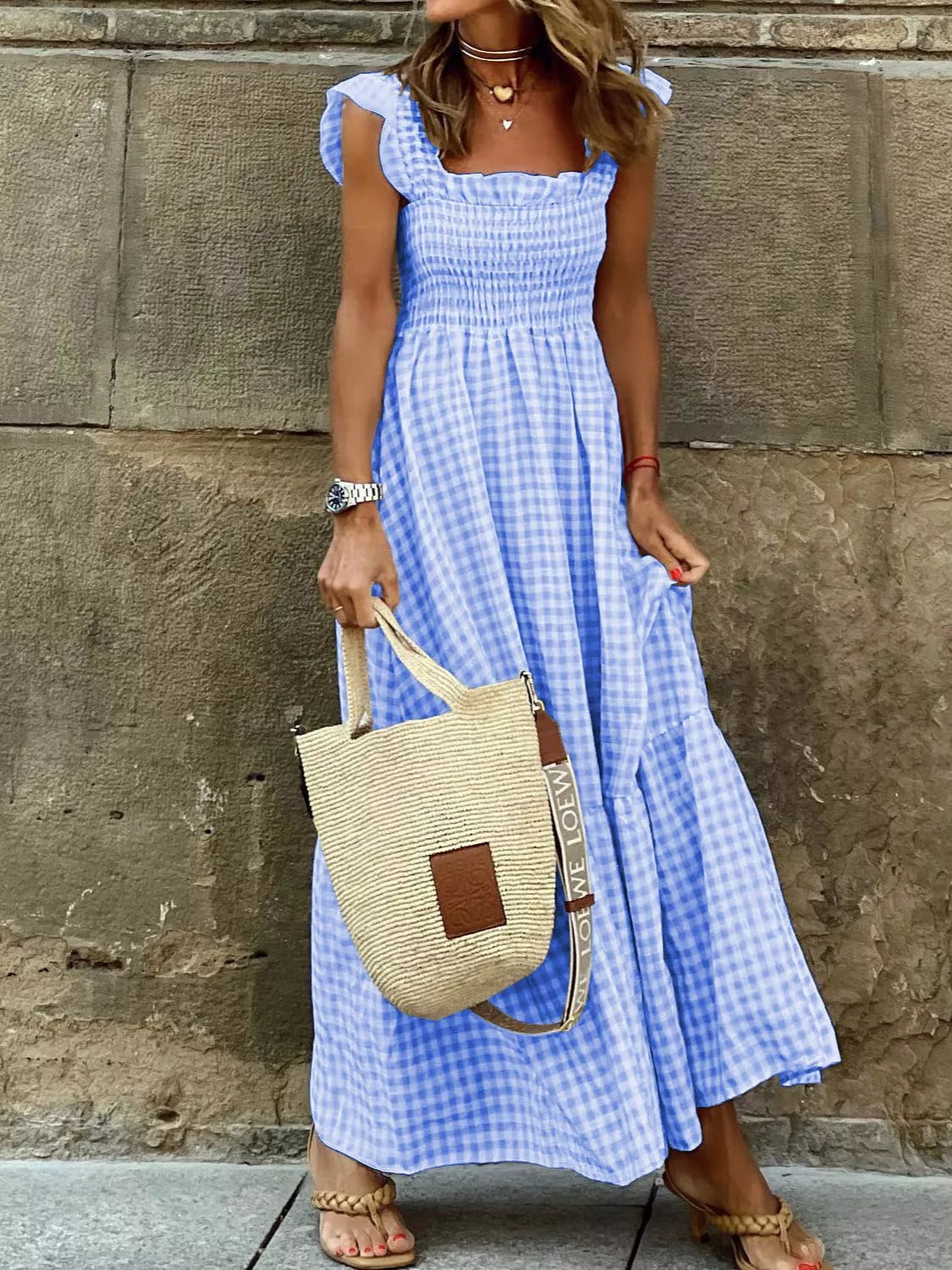 Gingham Smocked Ruffle Maxi Dress