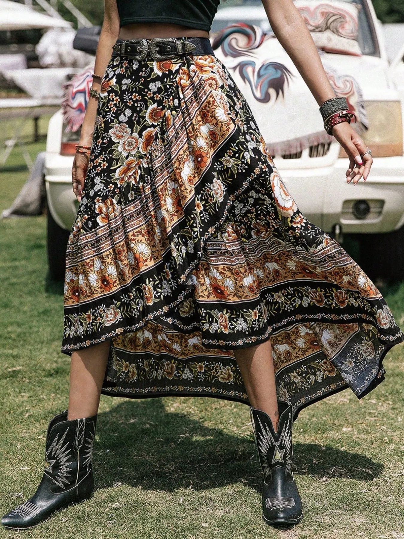 Plus Size Boho Floral Print High-Low Skirt