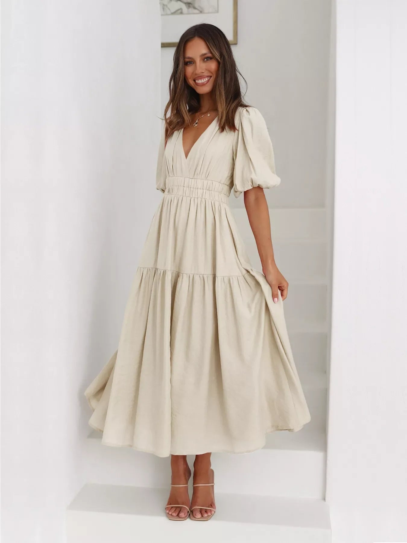 Tiered Puff Sleeve Midi Dress
