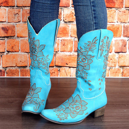 Womens Mid-Calf Boots With Embroidery Ethnic Style And A Comfortable Mid-Heel See size chart under “more details”