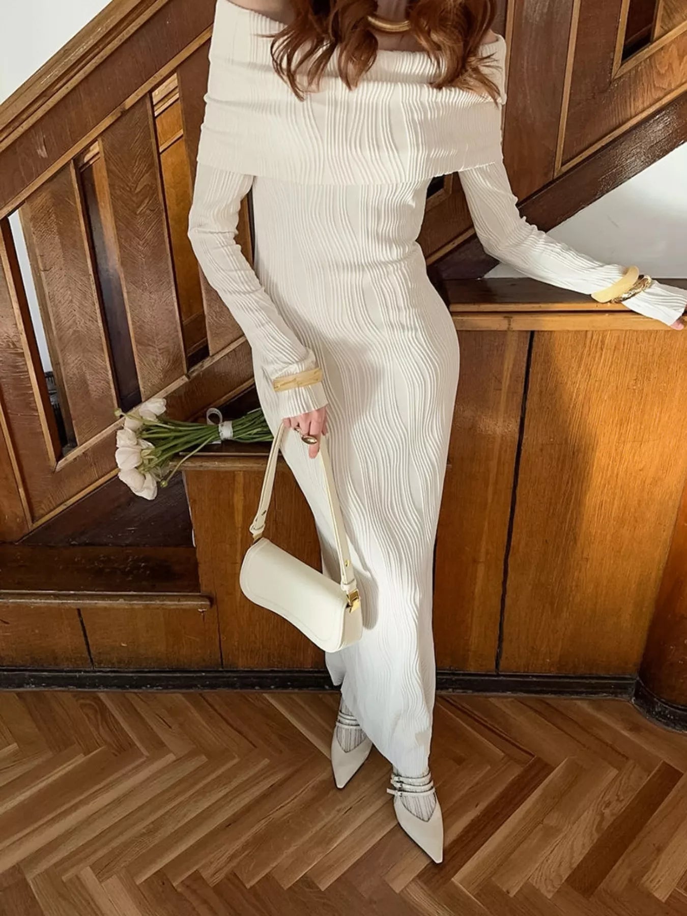 Off-Shoulder Textured Knit Maxi Dress