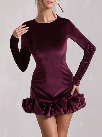 Velvet Ruched Hem Long Sleeve Dress