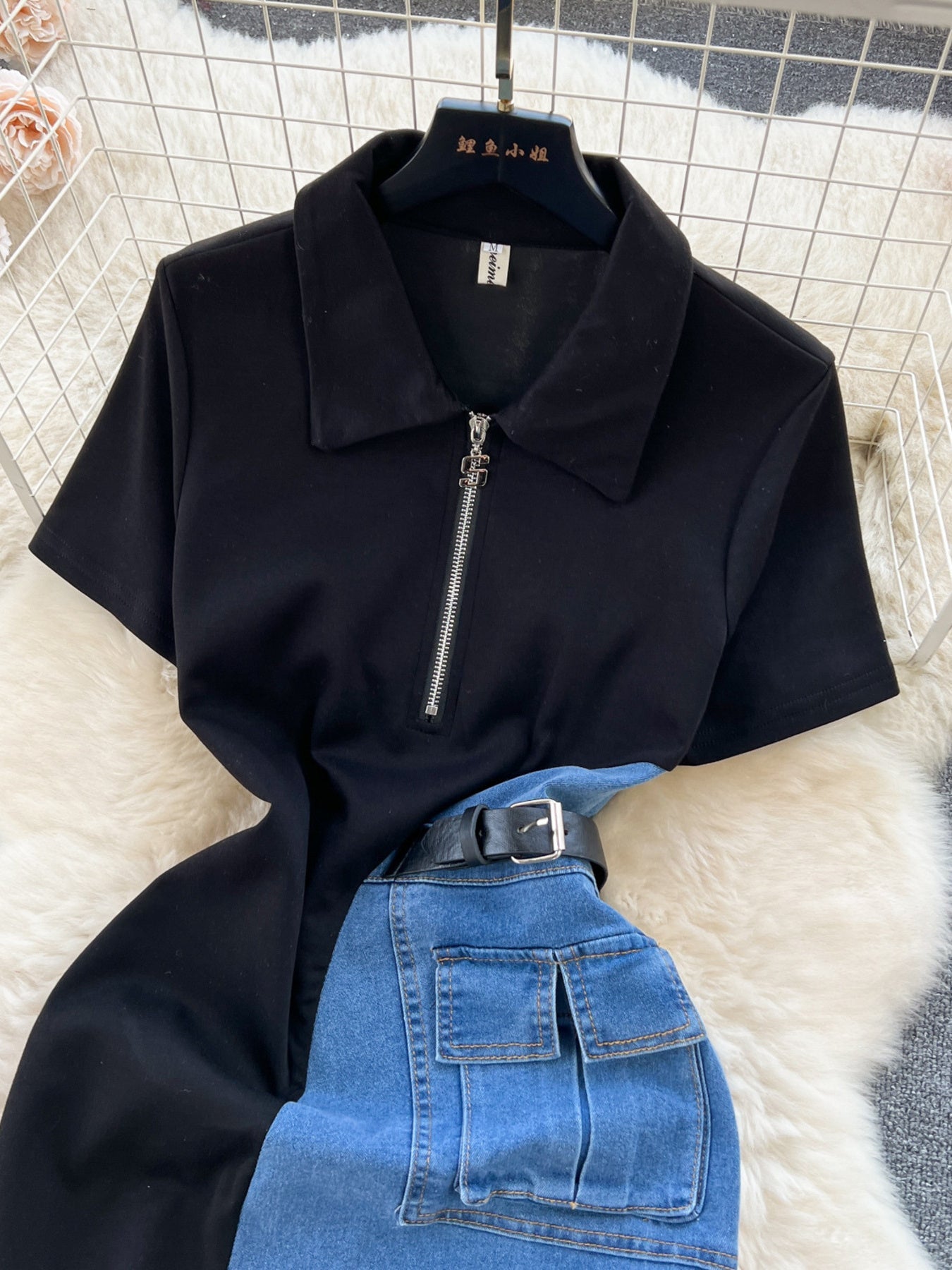 Color-Block Patchwork Denim Short-Sleeve Midi Dress