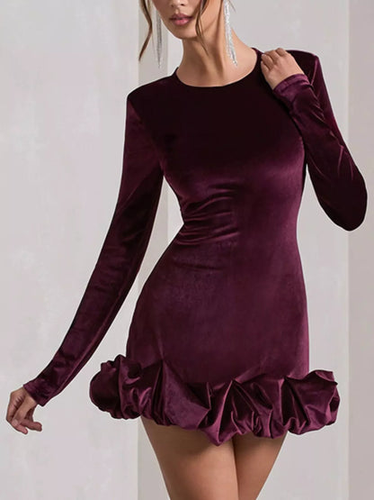 Velvet Ruched Hem Long Sleeve Dress