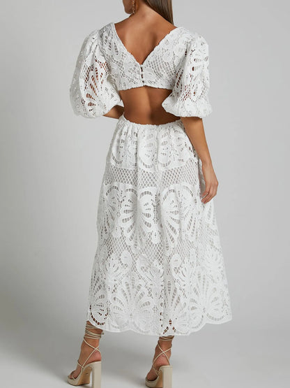 Cutout Back Lace Crochet V-Neck Dress