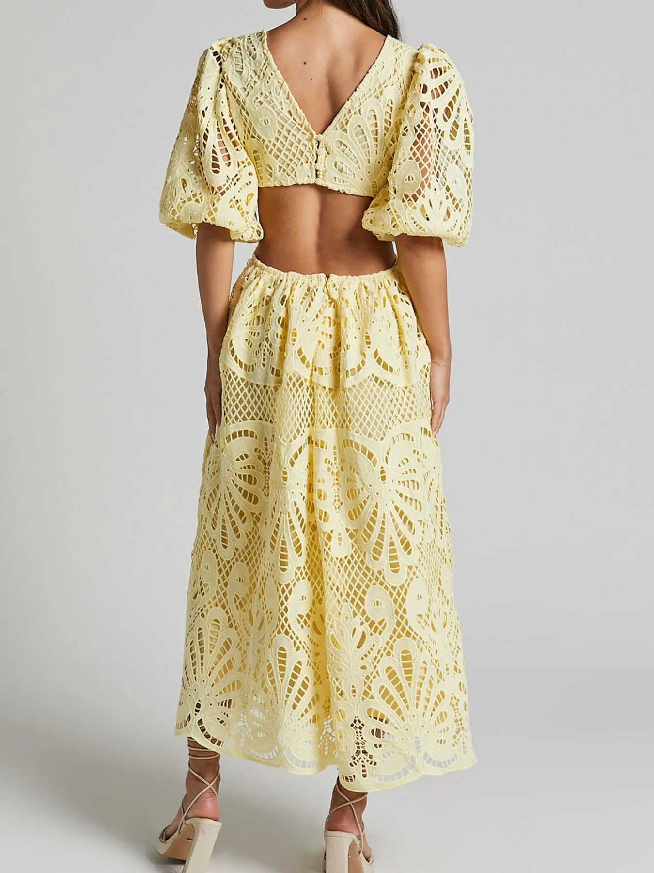Cutout Back Lace Crochet V-Neck Dress