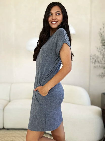 Basic Bae Round Neck Short Sleeve Dress with Pockets