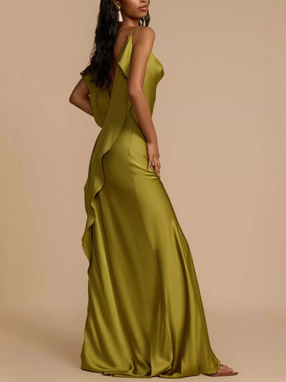Satin Cowl Neck Slit Maxi Dress