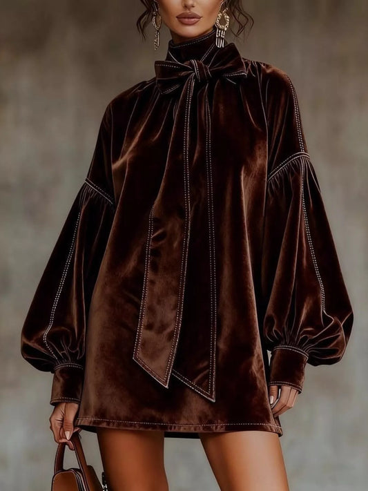 Velvet Bow-Tie Long Sleeve Mini Dress