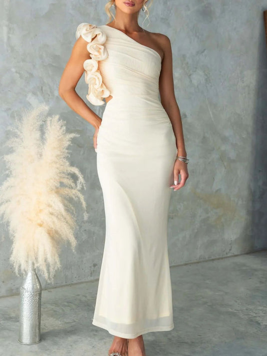 One-Shoulder Floral Trim Sleeveless Maxi Dress