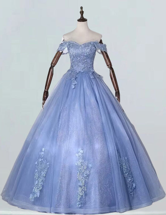 Blue off the shoulder lace applique floor length tulle ball gown quinceanera dress