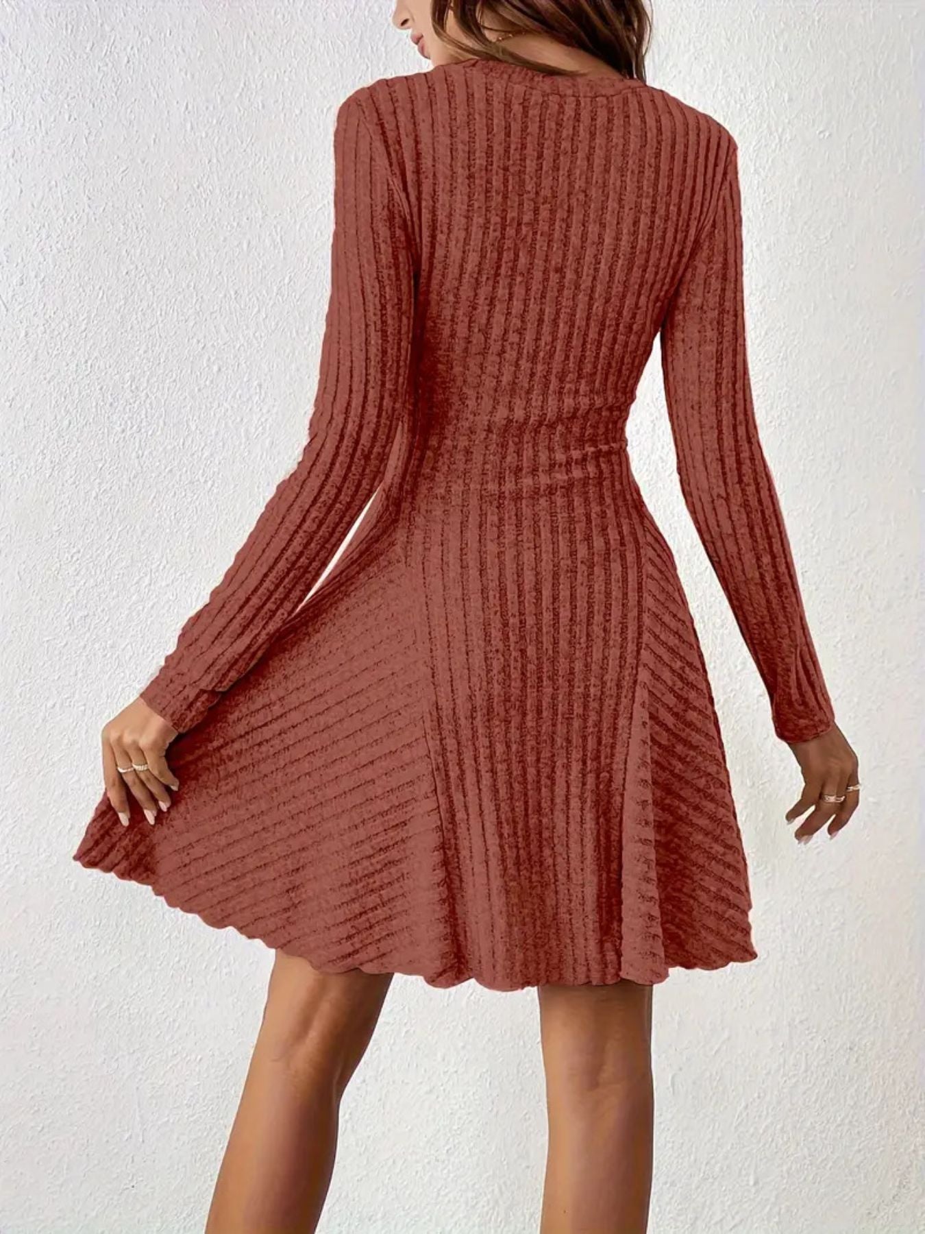 Ribbed Knit Long Sleeve A-Line Dress
