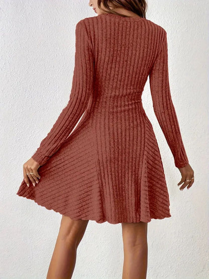 Ribbed Knit Long Sleeve A-Line Dress