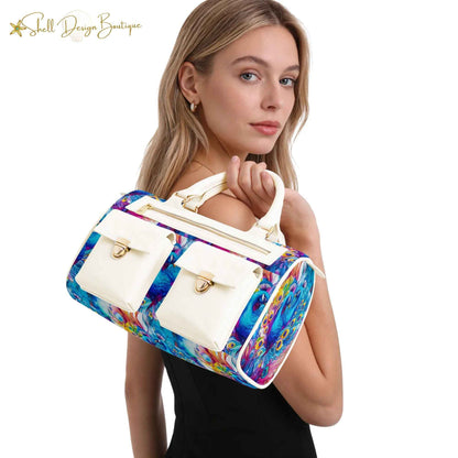 Beautiful Blue Peacock Chubby Multi-Pocket Handbag with Dual Handles