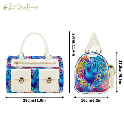 Beautiful Blue Peacock Chubby Multi-Pocket Handbag with Dual Handles