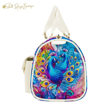 Beautiful Blue Peacock Chubby Multi-Pocket Handbag with Dual Handles