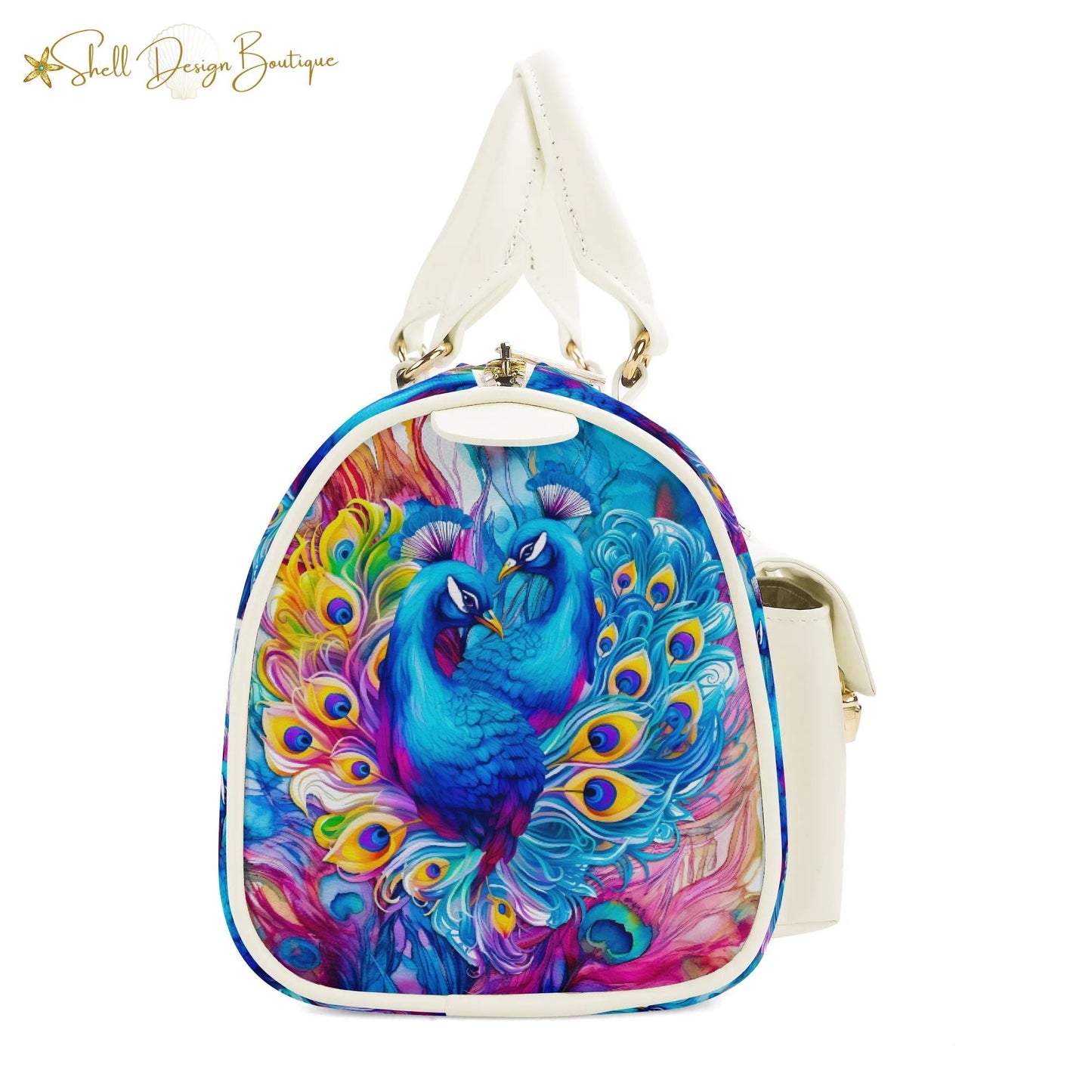 Beautiful Blue Peacock Chubby Multi-Pocket Handbag with Dual Handles