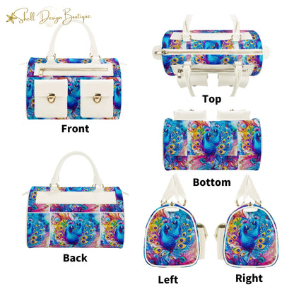 Beautiful Blue Peacock Chubby Multi-Pocket Handbag with Dual Handles