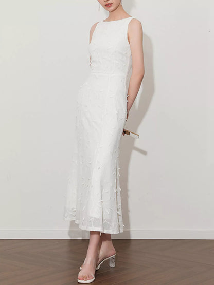 Sleeveless Floral Applique Midi Dress