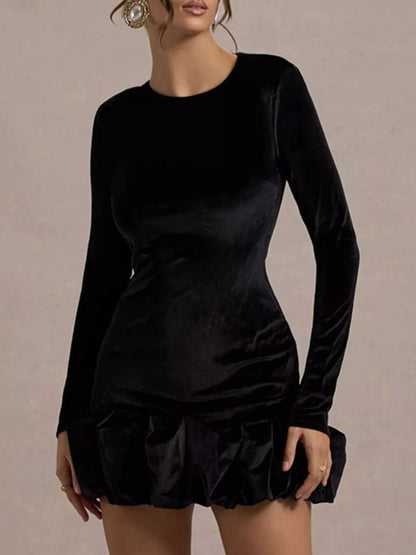 Velvet Ruched Hem Long Sleeve Dress